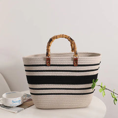 Striped Large Capacity Cotton Yarn Woven Tote Bag